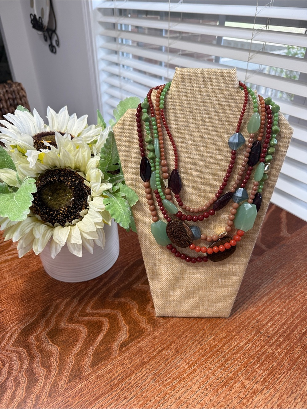 Multi-Strand Green & Red Beaded Statement Necklace